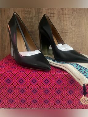 Tory Burch Black/Green Pointed Leather Block-Heel Francesca Pumps